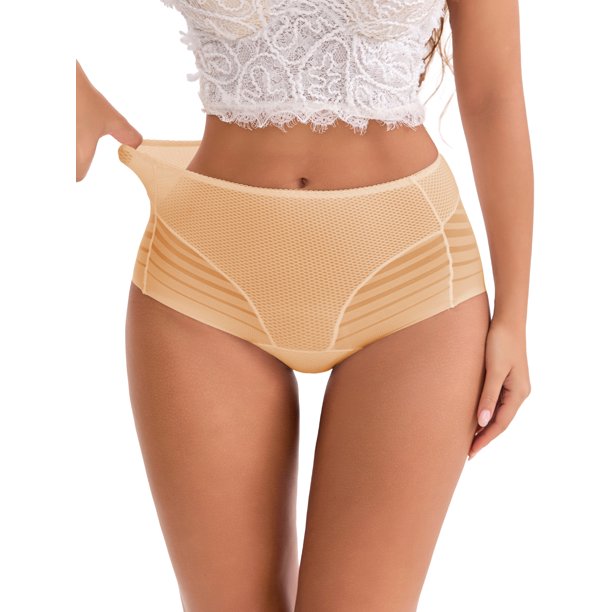 INSPIRE CHIC Ropa Interior de Mujer de Cintura Alta con Encaje Hueco y Malla, Cobertura Completa, Sin Costuras, Algodón Transpirable, XL Beige