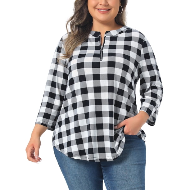 Agnes Orinda Blusas de Mujer Talla Grande Manga 3/4 con Cremallera Estampado Floral Cuello en V Casual Pullover Tops 3X Blanco