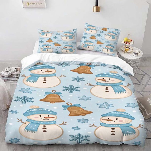 Snowman Snowflake Bells Themed Bedding Set Duvet Cover and Pillowcase Set Soft and Comfortable