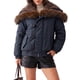 thumbnail image 2 of INSPIRE CHIC Chaqueta de Mujer con Ribete de Piel Sintética, Recortada, Oversize, Ajustable, Forrada de Forro Polar, Grande, Azul Marino, 2 of 6