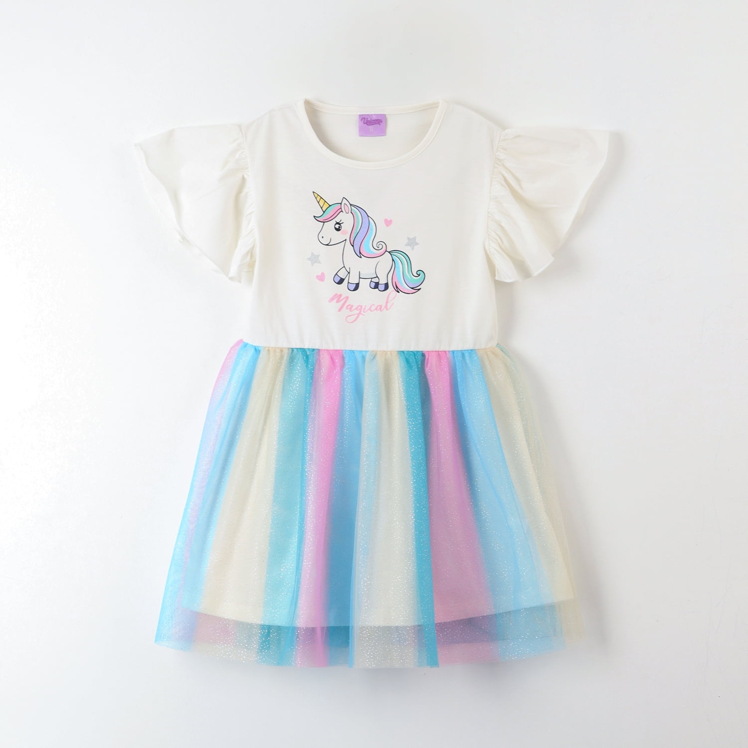 Vestido Niña Tull Arcoiris Blanco Unicornio