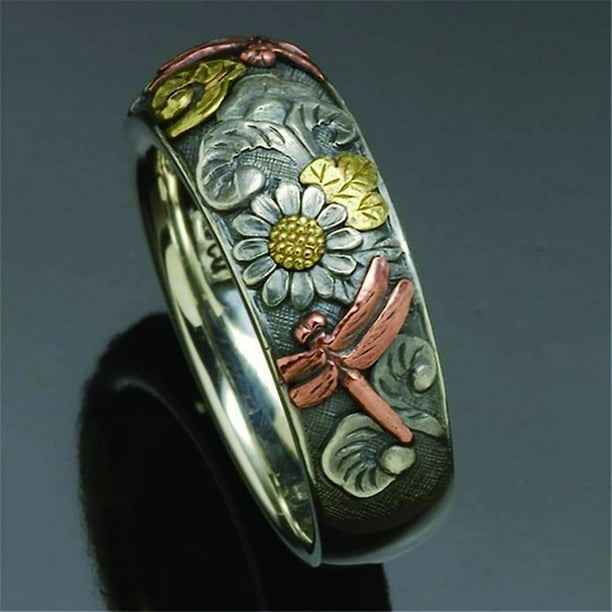 1pc Vintage Carved Ring with Flower, Dragonfly, and Sunflower Design - Unique and Stylish Jewelry for Women