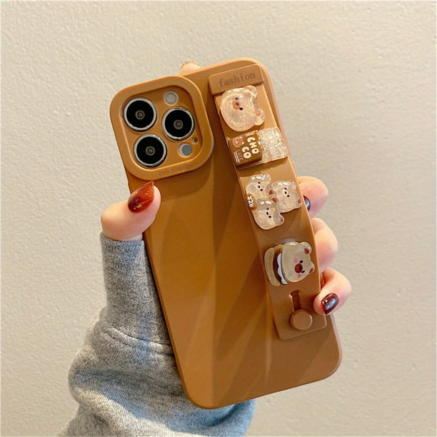 Cute Cartoon Glitter Bear Wrist Strap Stand Case for iPhone 11, 12, 13, 14 Pro Max - Soft & Stylish Cover!