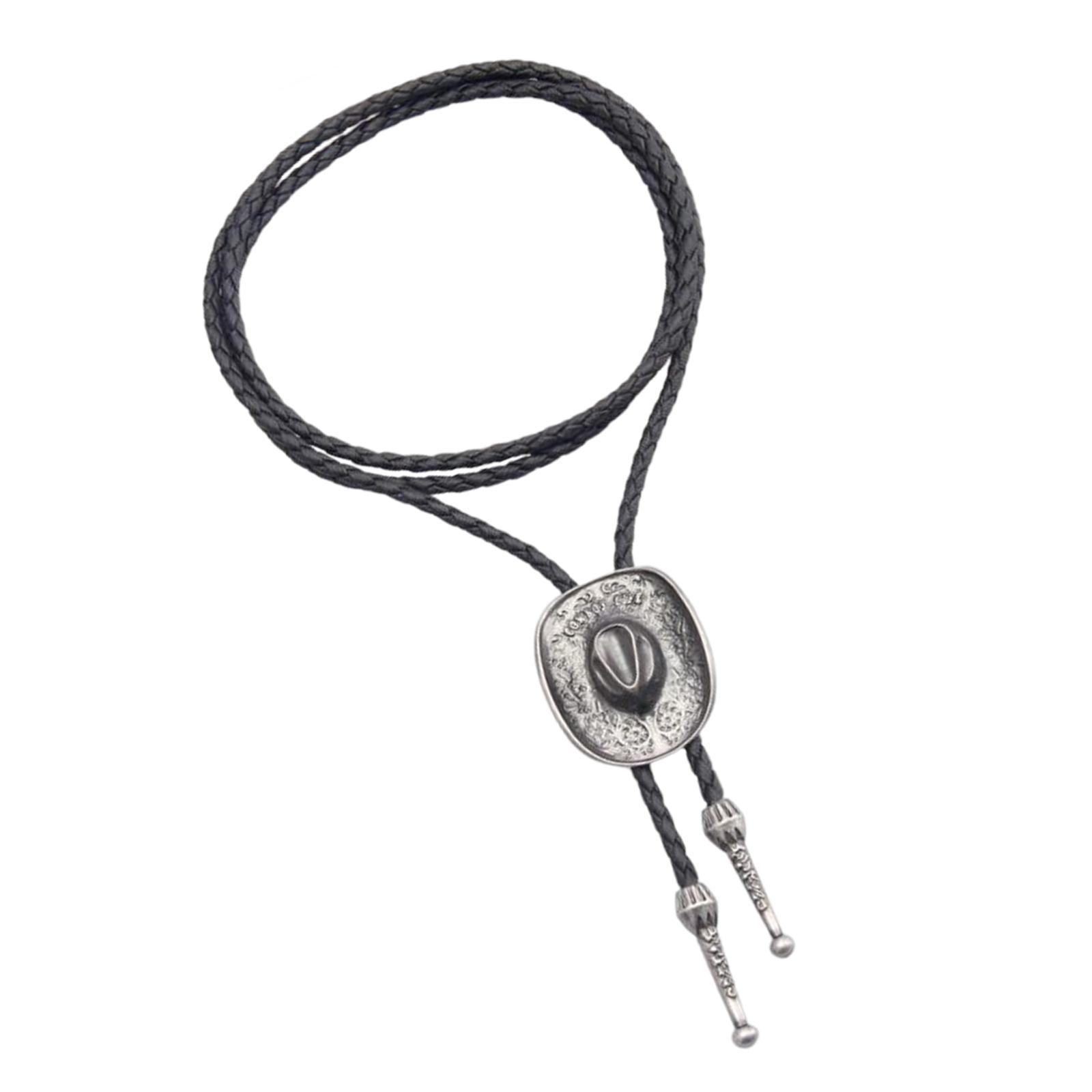 Ioensy - Western Cowboy Hat Bolo Tie Vintage American Ajustable Pu Cuero Para Hombres Argent