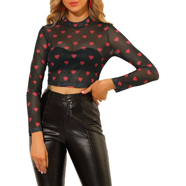 INSPIRE CHIC Blusa de San Valentín para Mujer, Top Corto de Malla Semitransparente con Manga Larga y Cuello Redondo, Talla S, Negro