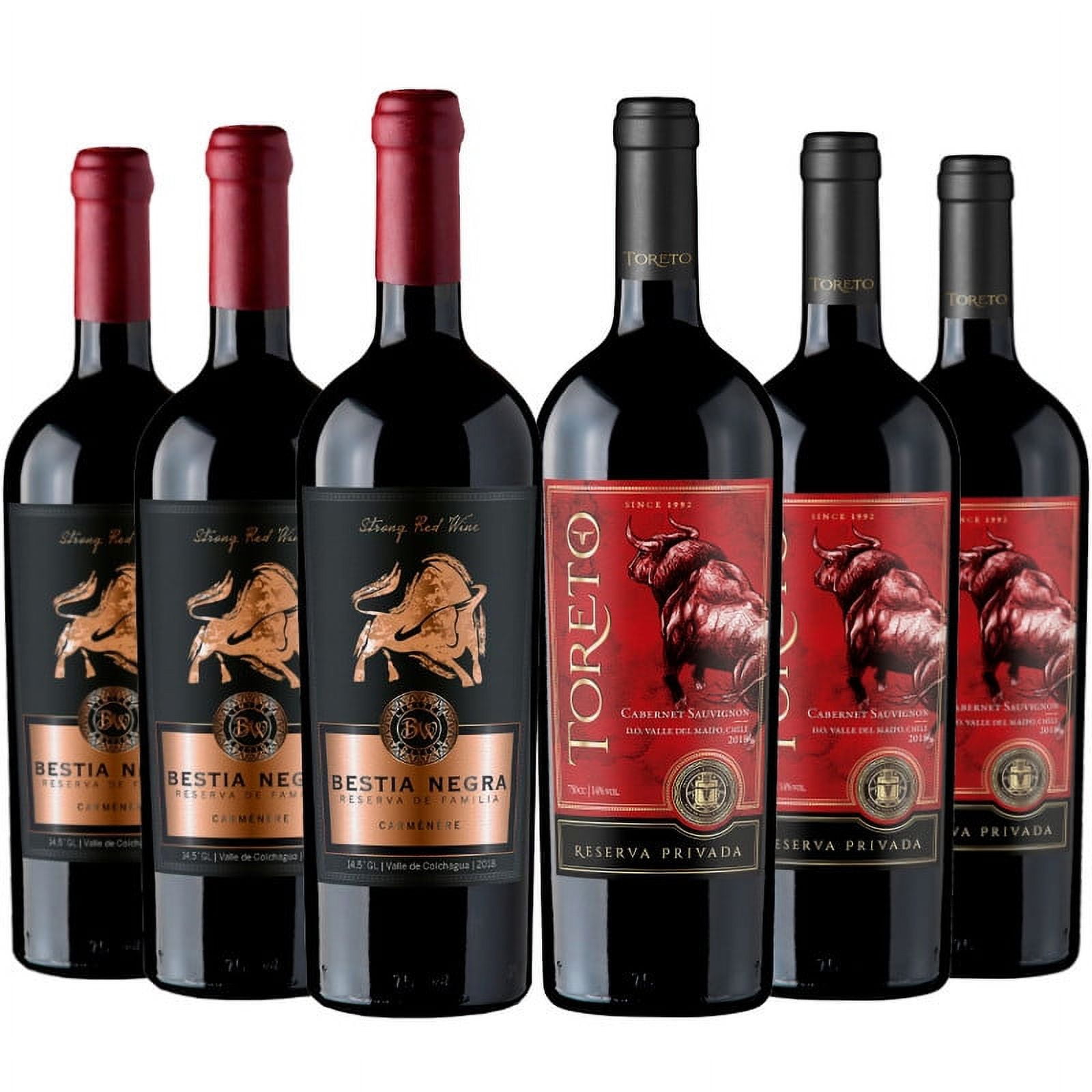 Parrillero Pack: 3 Bestia Negra Carmenere + 3 Toreto Reserva Cabernet Sauvignon, 750 Ml