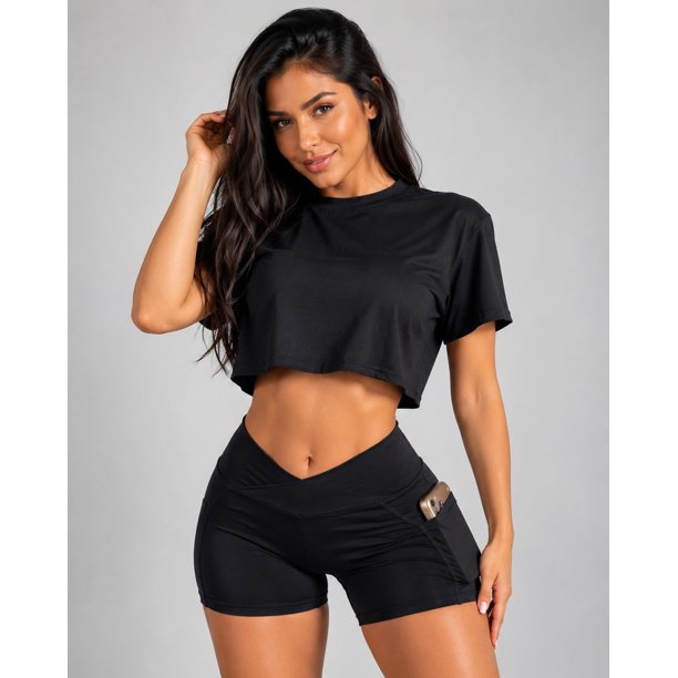 Conjunto Deportivo Mujer Short Pretina Cruzada Y Polera Crop