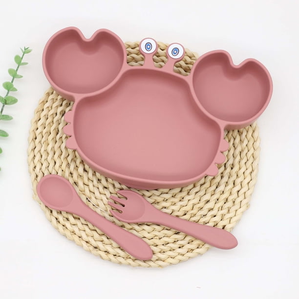 Baby Silicone Plate With Suction Cup, Suitable For Baby, Baby Spoon And Fork Set Suitable For Children, Baby Tableware, Children's Plate - Crab