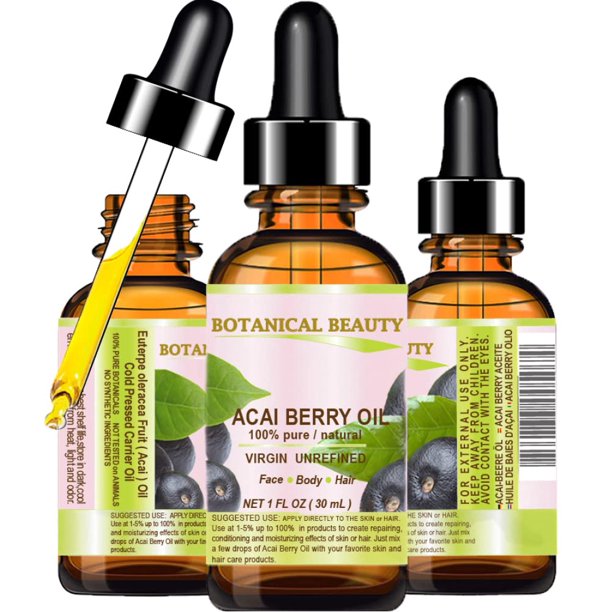 Botanical Beauty Aceite de Baya de Acai 100% Puro, Natural, Virgen, Sin Refinar, Prensado en Frío – Aceite Portador. 0,5 fl oz (15 ml) para rostro, piel, cabello, labios y uñas. Rico en vitamina E