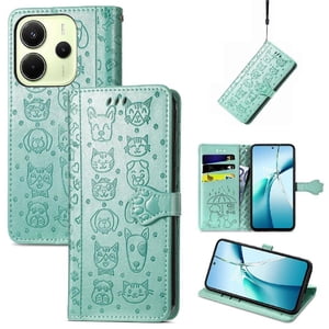 Funda Cartera Foxdock Para Xiaomi Redmi Note 14 4G , Flip Pu Con Relieve De Gatos Y Perros, Tarjetero Y Soporte