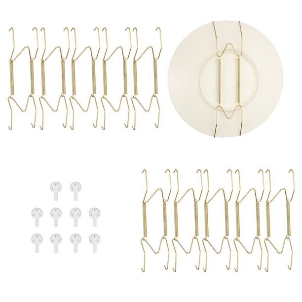 10 colgadores de platos, colgadores invisibles universales de acero inoxidable de 6 pulgadas para la pared, soporte en forma de W con clavo sin rastro para decoraciones, dorado