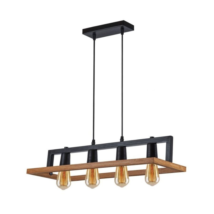 Click Ventas - Lampara Colgante De Madera Y Metal 4 Focos Diseño Cuadrado