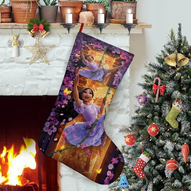 Isabella Encanto Tema: Calcetines de Navidad, fino lino blanco para colgar en escaleras y chimenea, decoración navideña para el hogar, regalo de Navidad. 45cm × 32cm