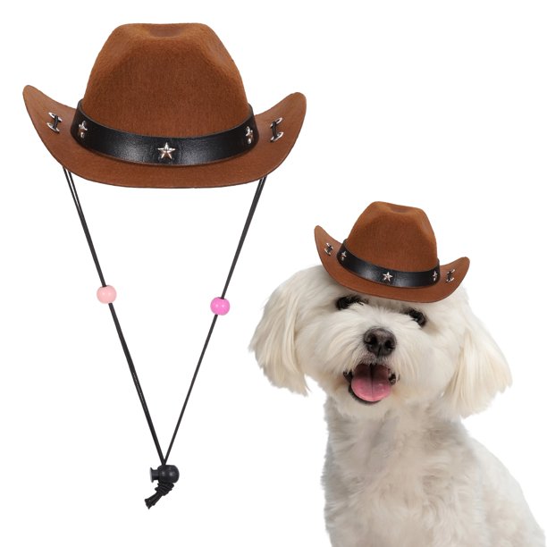 Sombrero de Vaquero para Perro Uxcell, Mini Sombrero de Vaquero para Mascota con Correa de Barbilla Ajustable, Gorra de Cosplay con Decoración de Estrella, (Marrón, L), Para Perros y Gatos