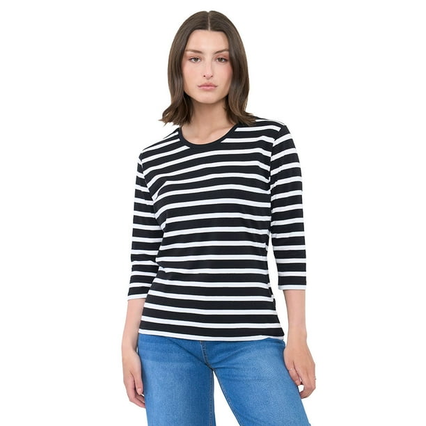 Polera Mujer Manga 3/4 Líneas Negro/Blanco Corona