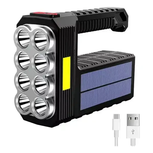 Leon Import - Linterna De Mano Portátil 8 Led Recargable Solar Usb Camping Negro