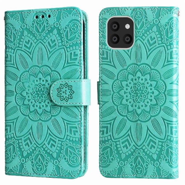 Funda tipo cartera FOXDOCK para Samsung Galaxy A03 , diseño girasol en relieve, cuero PU, cierre magnético, soporte y tarjetero