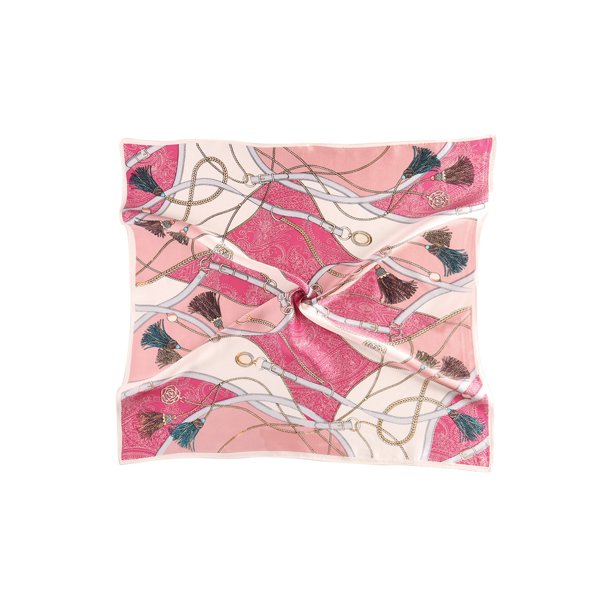 INSPIRE CHIC Pañuelo Cuadrado de Seda 100% para Mujer Estampado Floral Vintage Pañuelo para Cuello y Cabeza Lujoso Envoltura para el Cabello 21 5/8 x 21 5/8‘’ Flecos Rosados