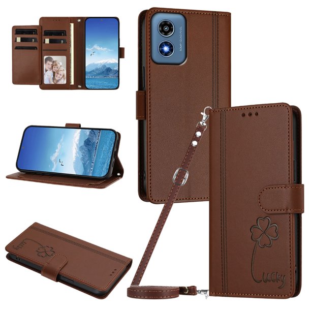 Funda Cartera Trébol para Motorola Moto G Play 2024 4G con Ranuras Tarjetas y Carga Inalámbrica Marrón