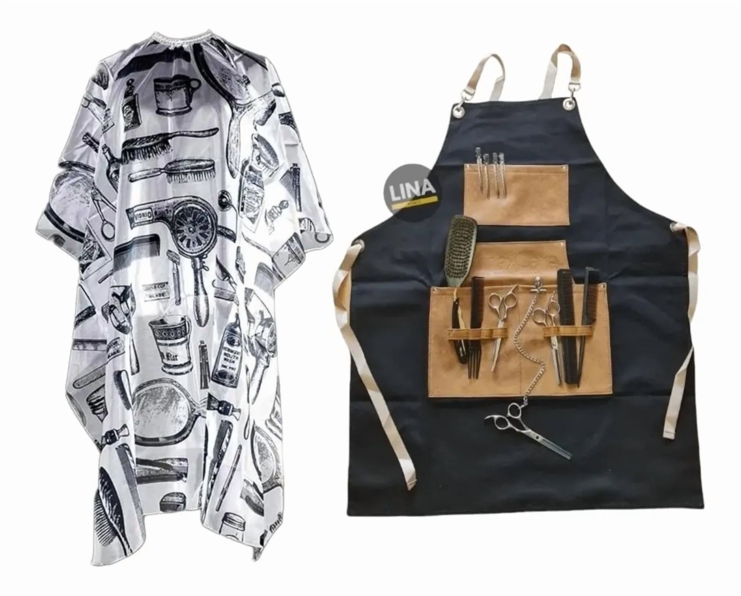 Linastore - Pack Pechera Delantal Barberia + Capa De Corte Diseño Blanco