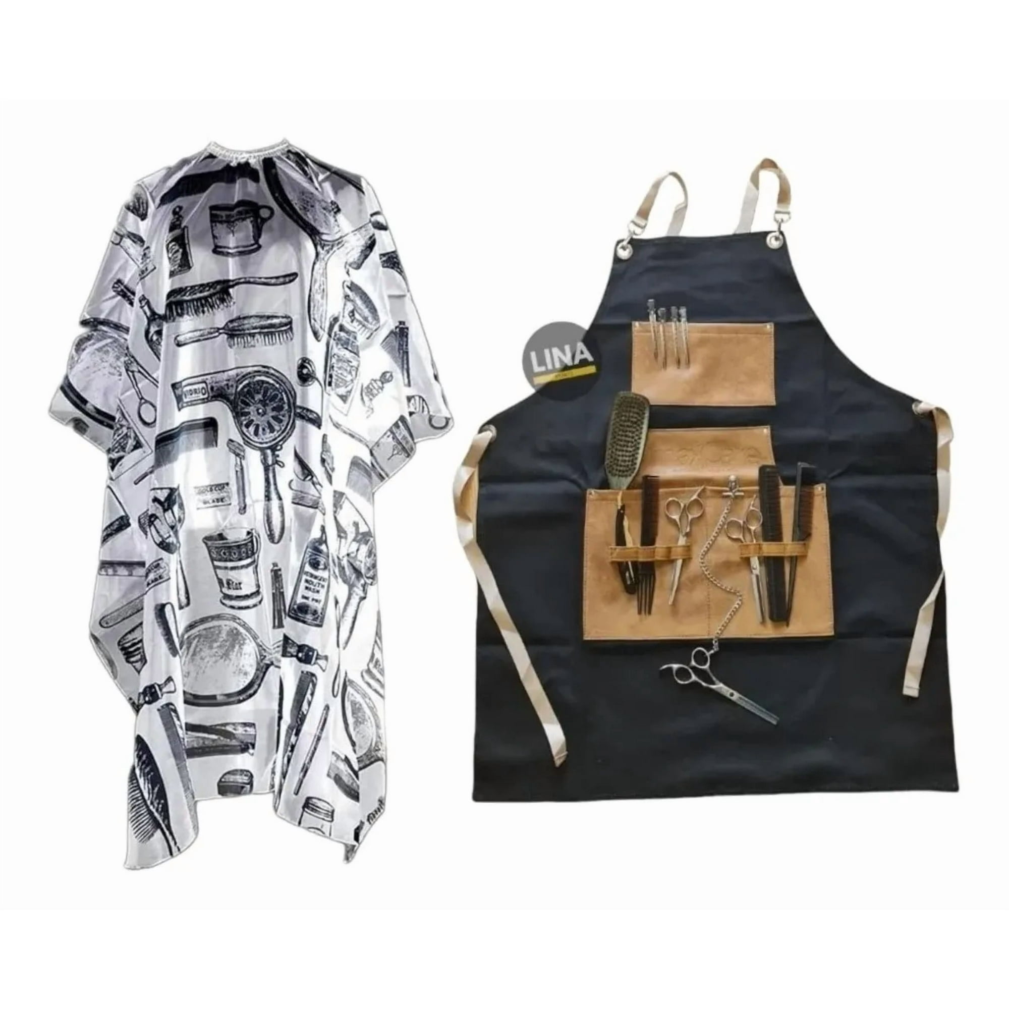 Linastore - Pack Pechera Delantal Barberia + Capa De Corte Diseño Blanco
