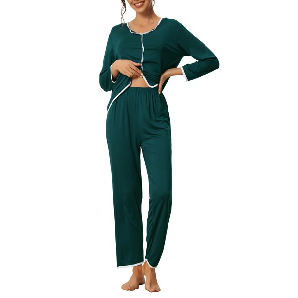 INSPIRE CHIC Conjunto de Pijama de Mujer de Rayón con Manga Larga y Cuello con Muesca, Ropa de Dormir con Ribete en Contraste, Conjunto de Pantalones Suaves para Estar en Casa L Verde
