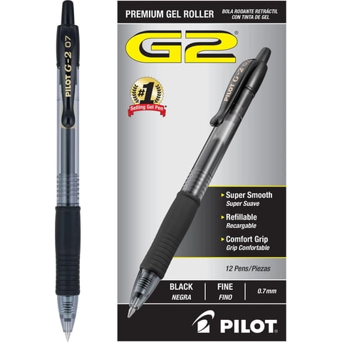 Bolígrafos De Gel Pilot G2 Premium De Punta Fina De 0,7 Mm, Color Negro, 12 Unidades