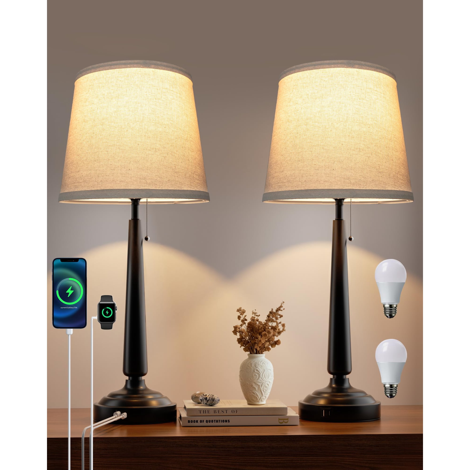 Lámparas De Mesa Eppiebasic 56 Cm Estilo Rústico Con Puertos Usb Set De 2