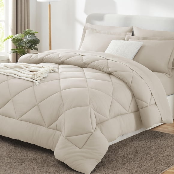 Juego de edredón CozyLux de gran tamaño King Beige con sábanas, 7 piezas