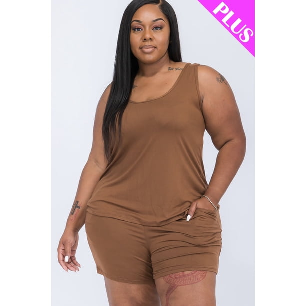 Cómodo Conjunto De Camiseta Sin Mangas Y Shorts En Talla Grande