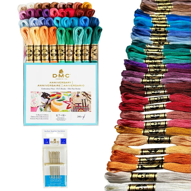 Hilo de bordar DMC, colección de aniversario. Paquete de 36 colores de hilo de algodón para bordar con aguja de bordar a mano tamaño 18.