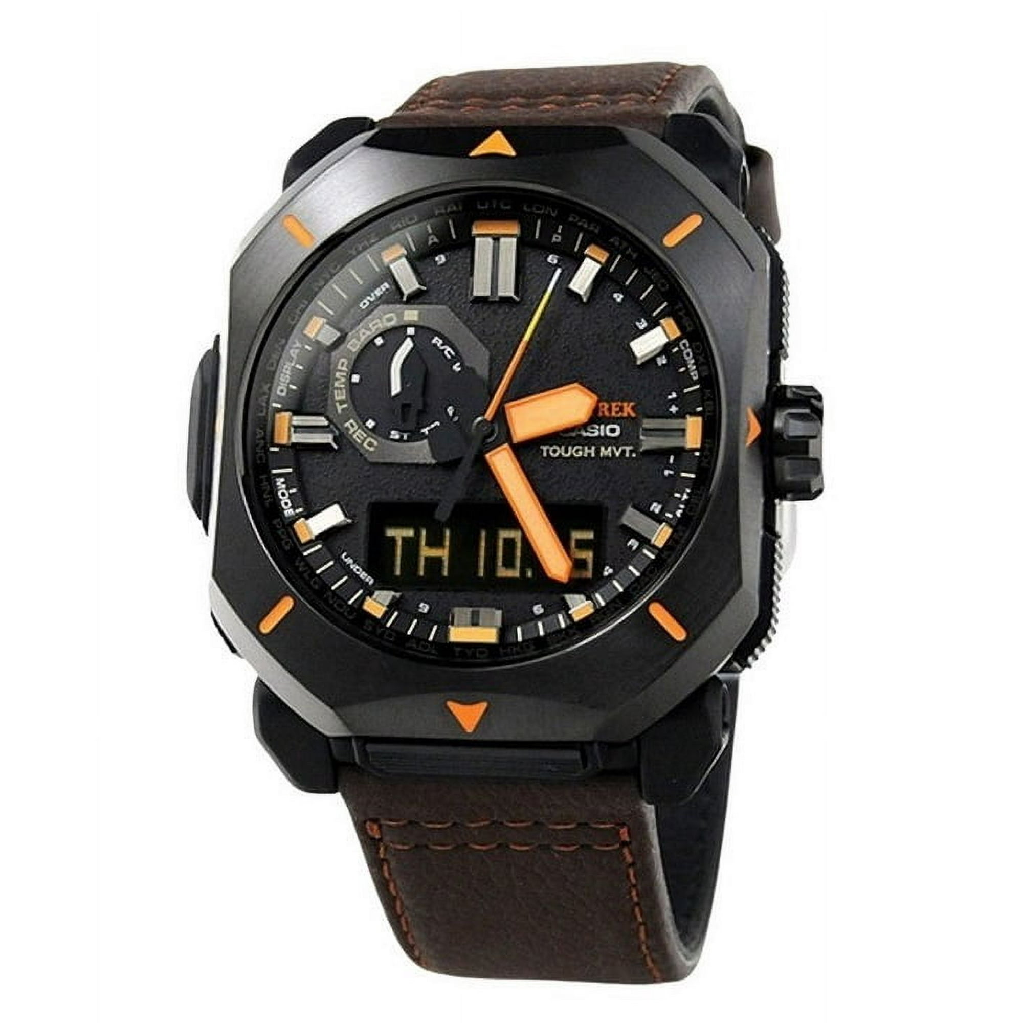 Casio - Reloj Protrek Análogo Digital Correa De Cuero Marrón Esfera Gris Tough Solar Prw 6900yl 5 100m Para Hombre
