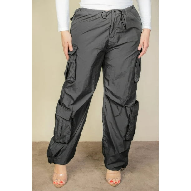 Pantalones de Paracaídas Fruncidos con Cordón, Bolsillos con Solapa de Saronita, Banda Elástica, Dos Bolsillos Delanteros, Color Negro (para Mujer)