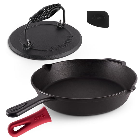 Juego de sartenes de hierro fundido Cuisinel de 30 cm con prensa para asar y raspador