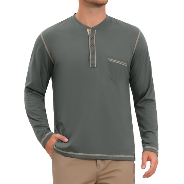 INSPIRE CHIC Camisetas Henley de Hombre Manga Larga con Bolsillo en el Pecho Camiseta Básica Casual L Gris Oscuro