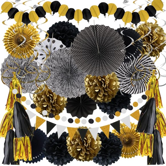 Decoración para Fiesta ZERODECO 41 Piezas Ventiladores de Papel Negro y Dorado