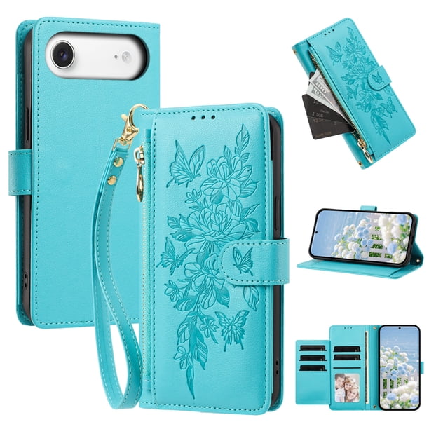 Funda Billetera Floral en Relieve iphone17 air con Tarjetero y Cremallera Verde