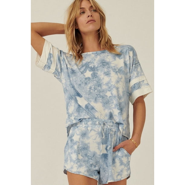 Saronite Camisa de Manga Corta con Estampado Tie-dye y Estampado de Estrellas, Azul (para Mujer)