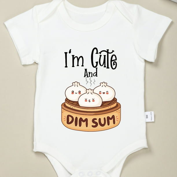 Girls Funny Cartoon & I'M CUTE AND DIM SUM Print Romper, Round Neck Short Sleeve Cotton Bodysuit, Short Sleeve Jumpsuit, Infant Baby Clothes