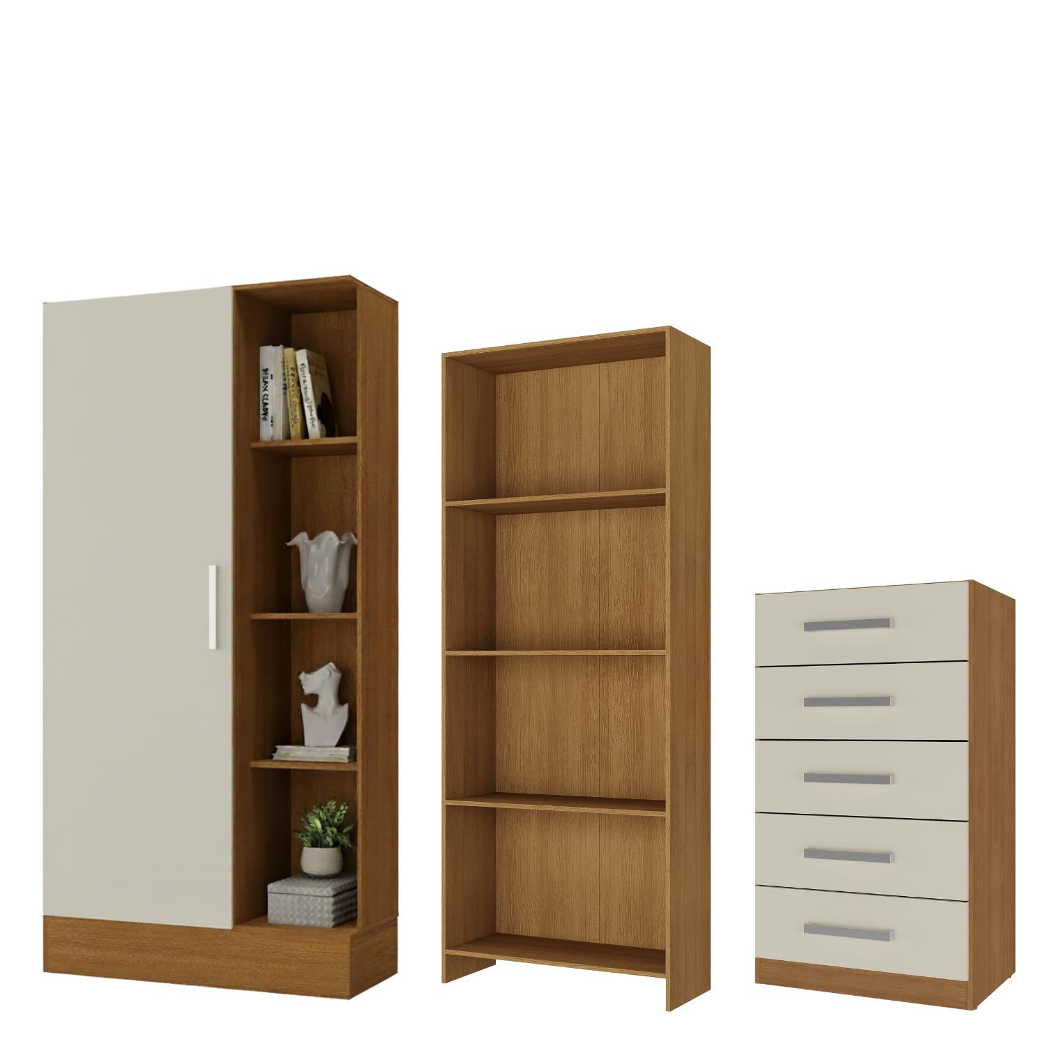 Movelaria - Combo Closet Zapatero + Cómoda 5 Cajones Off White + Librero R151605 Blanco