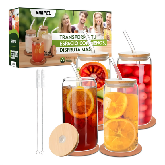 Vasos Tapa Bambú Simpel 550ml Con Posavasos Y Bombillas