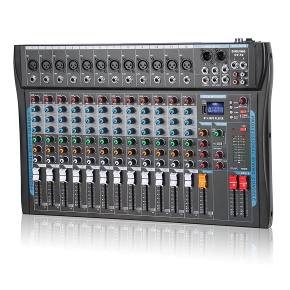 Mezclador de Audio SIKUING 12 Canales Bluetooth USB +48V Phantom