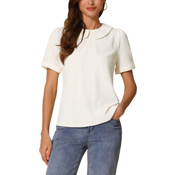 INSPIRE CHIC Blusa con Cuello Peter Pan para Mujeres Regreso a Clases Jacquard Floral Manga Corta Abullonada Kawaii Talla L Albaricoque