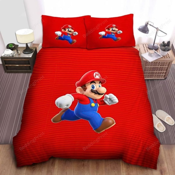 Super Mario In Red Stripes Background Quilt Duvet Cover Set Bed Linen Bedding3-Piece Bedding Set