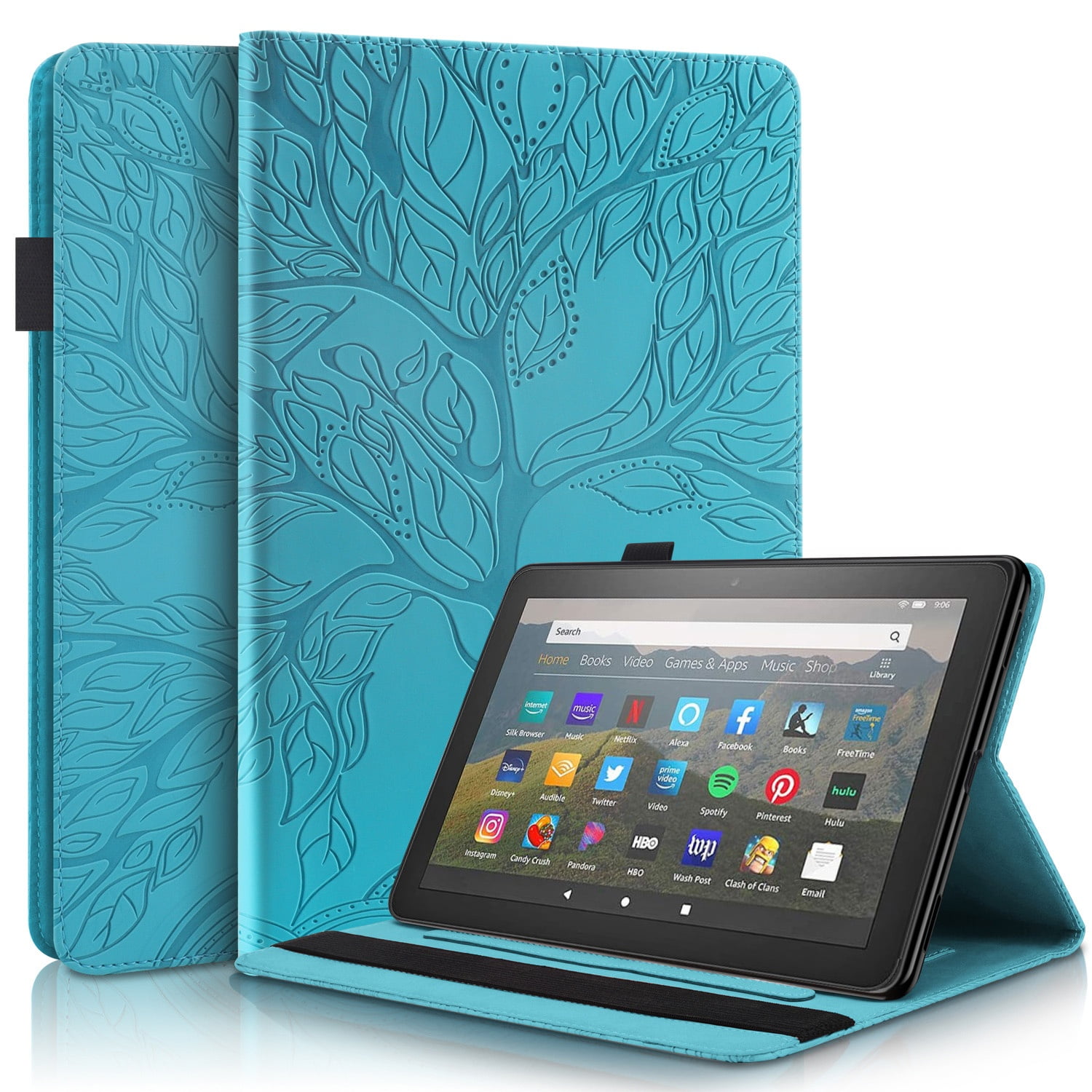 Foxdock - Funda Con Relieve Del Árbol De La Vida Para Tablet Kindle Fire7(2022） Con Soporte, Ranuras Para Tarjetas Y Soporte Para Lápiz Óptico. Azul