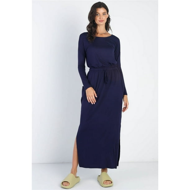 Saronite Vestido Largo Básico de Rayón con Cuello Redondo y Manga Larga, Azul Marino (para Mujer)