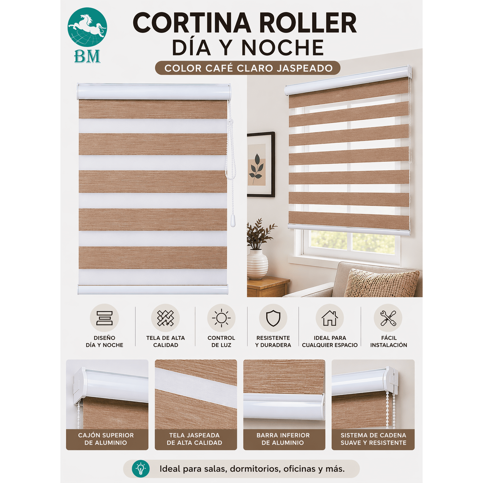 Baima - Cortina Roller Día Y Noche Café Claro Jaspeado 100x200 Cm – Moderna Y Elegante