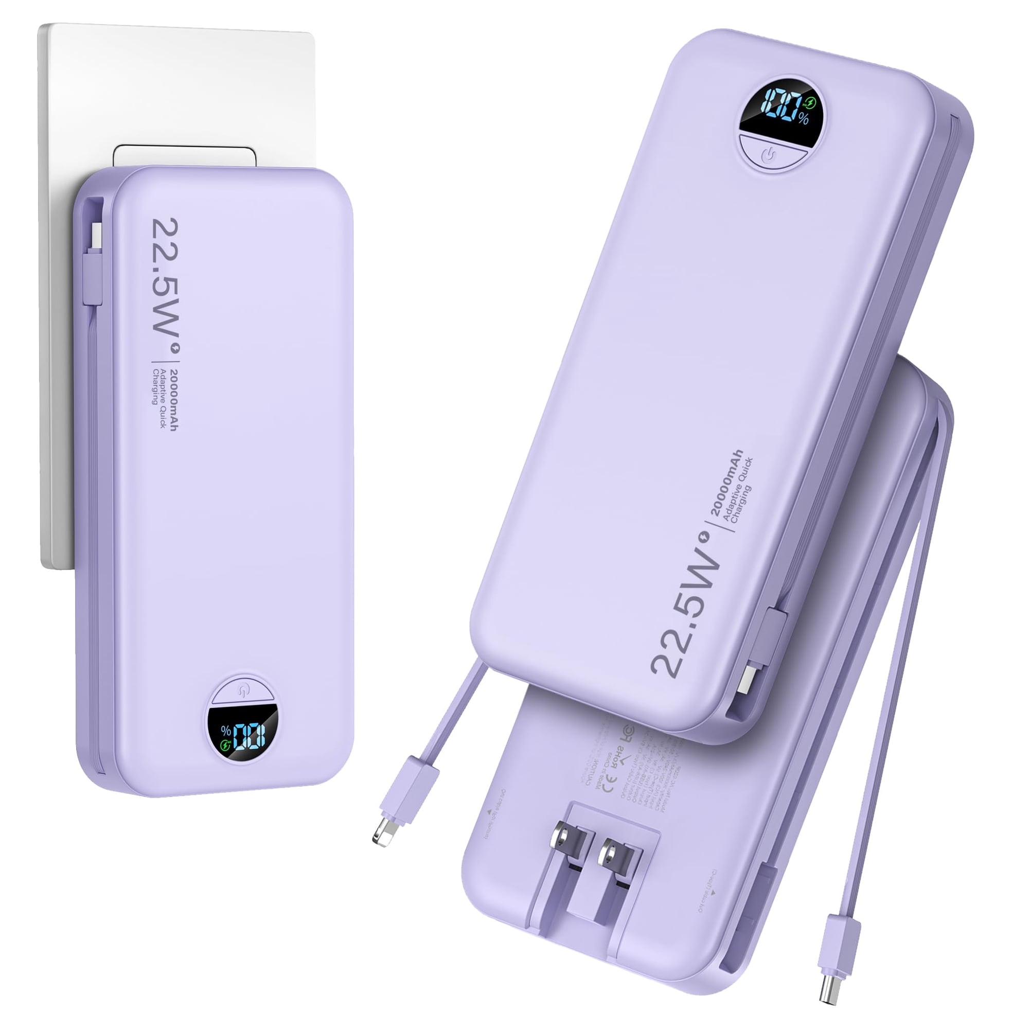 Power Bank Aonidi De 20000 Mah Con Cables Integrados Y Enchufe De Pared Ac