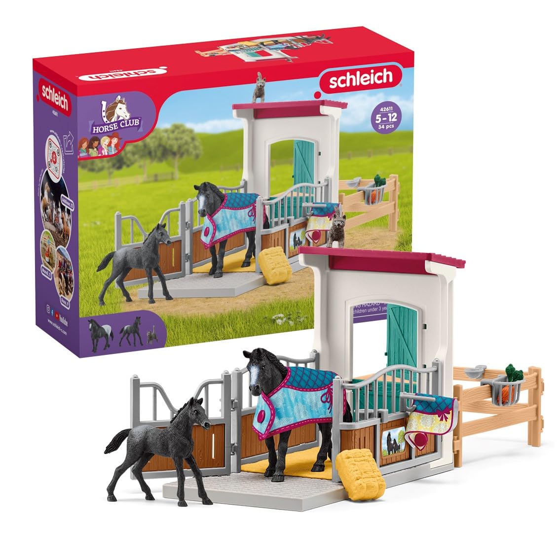 Playset Schleich Horse Club Stall, 34 Piezas, Con Yegua Y Potro