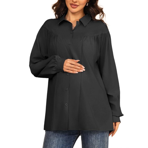 INSPIRE CHIC Blusa de Maternidad para el Trabajo Cuello de Punta Camisa de Oficina con Botones Talla Extra Grande Negro